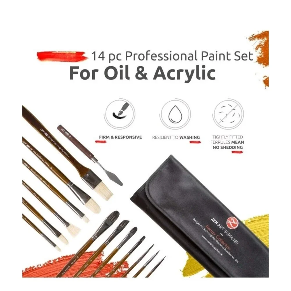 Luxury 14pc Oil‎ & Acrylic Paint Brush Set with Birchwood Handles - No Shedding